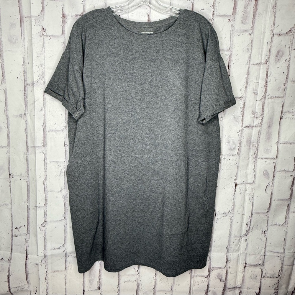 EILEEN FISHER Organic Cotton Jersey Round Neck Dress Size L Gray Pockets